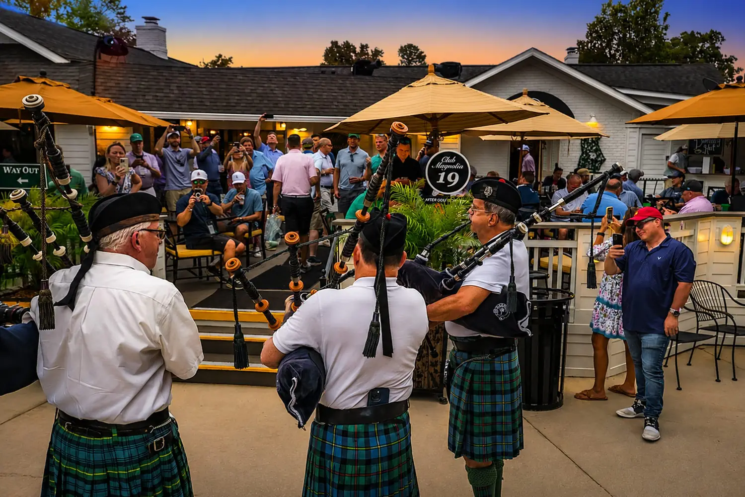 Bagpipers through the club at close